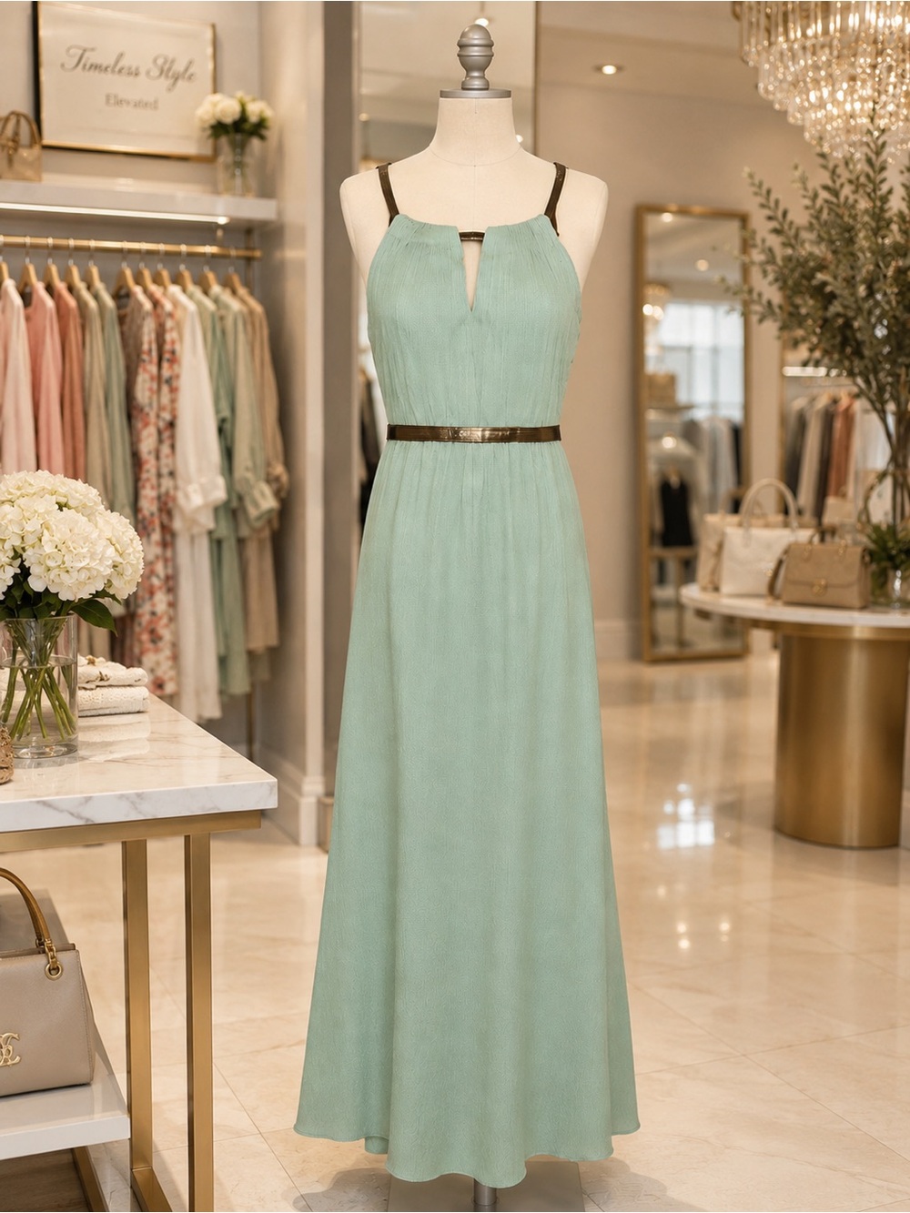 Elegant Sage Green Goddess Dress, Size 12